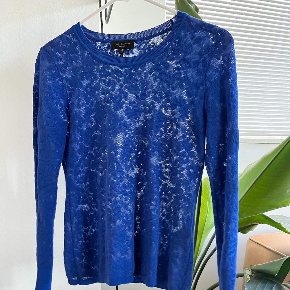 RAG & BONE BLUE FLORAL BURNOUT LACE TOP - WOMEN'S XS